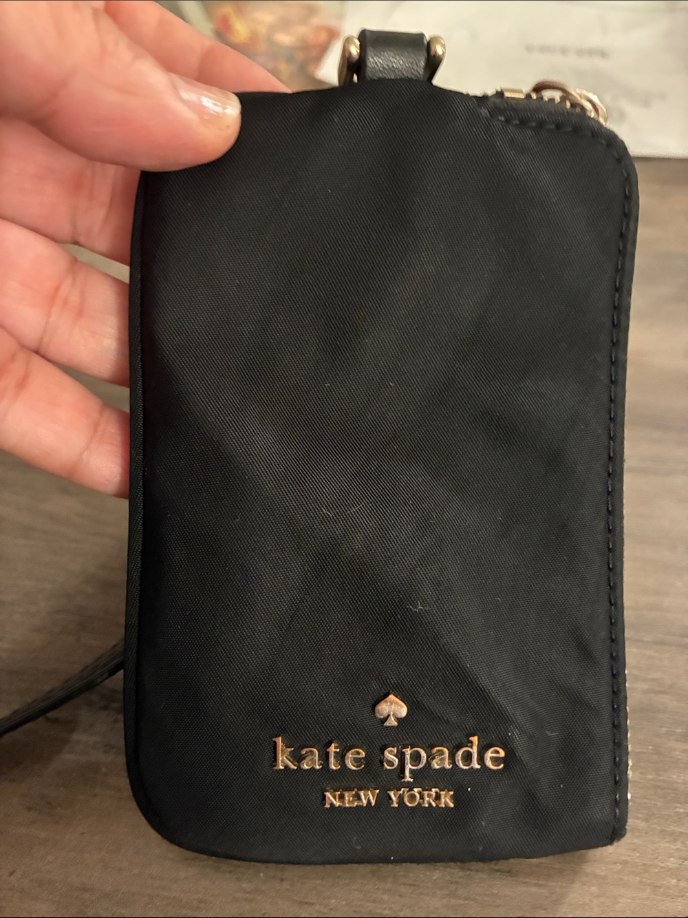 kate spade Black Nylon Zip Card Pouch with Gold Logo